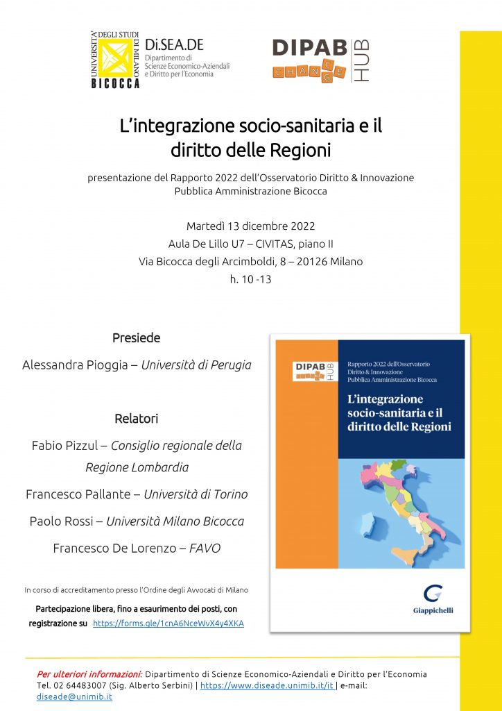 Locandina 13 dicembre 2022 L'integrazione socio sanitaria e il diritto delle Regioni